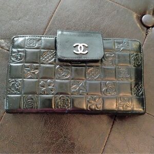 Vintage Chanel Icon or "Lucky Symbols" long wallet in black lambskin leather.